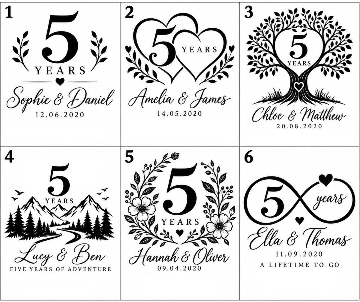 Six design options for personalised 5th anniversary wooden coasters