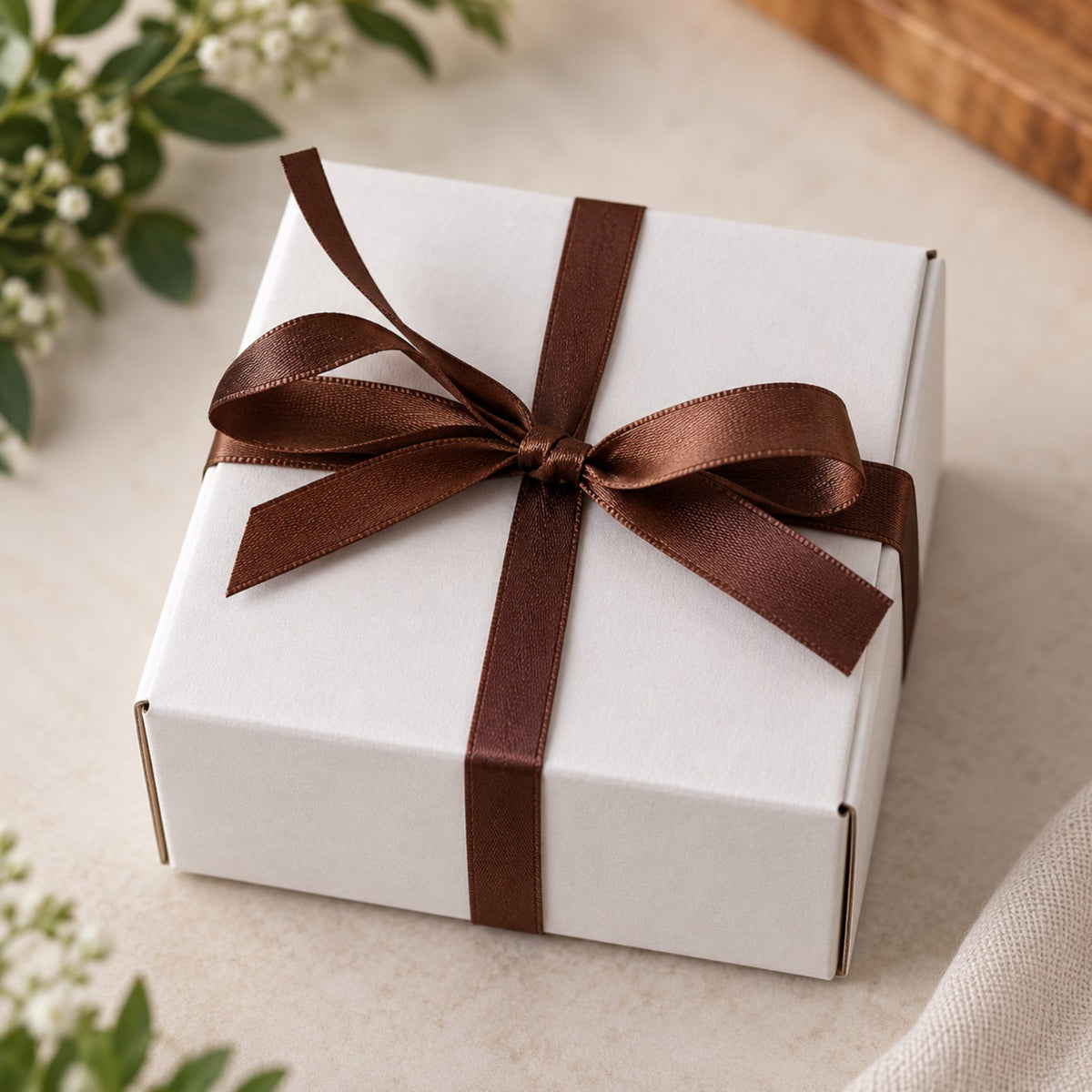 White anniversary gift box finished with brown ribbon
