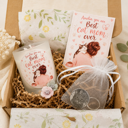 Personalised Cat Mom Gift Box – Photo Keyring & Candle