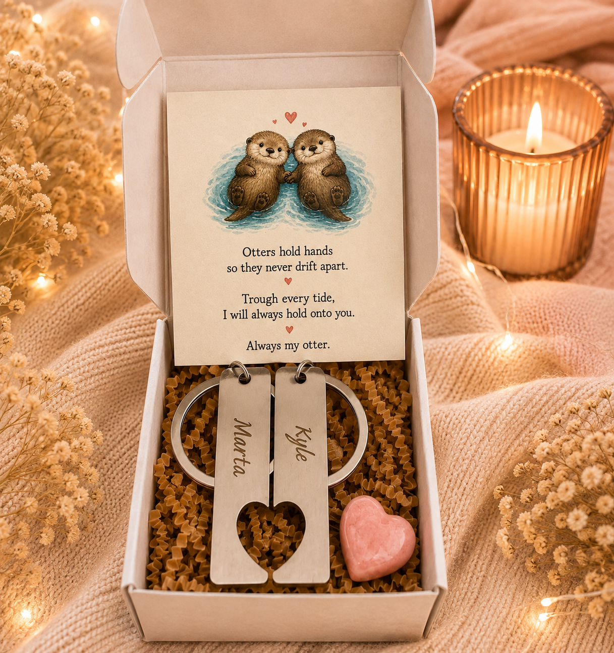 Personalised Couples Friends Family Keyrings Set Matching Heart Gift Box Otters