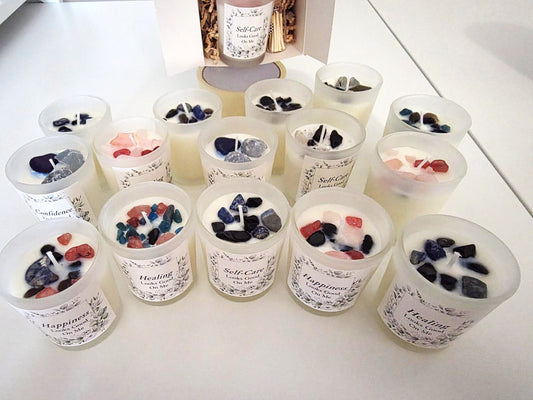 Handmade Crystal Scented Candle – Self-Care, Healing, Happiness & Confidence Gift Set