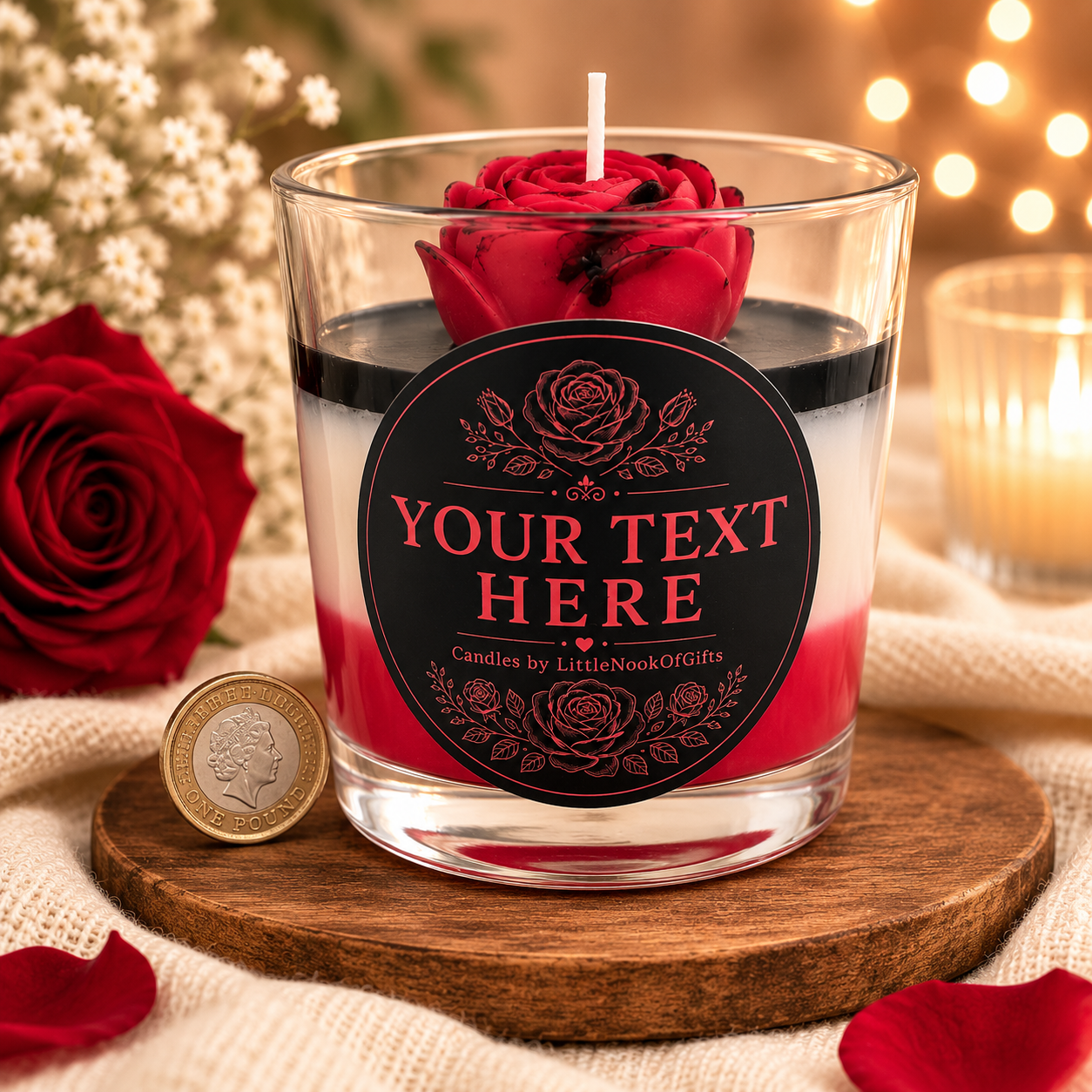 Personalised Rose Candle, Handmade Scented Gift, Black & Red Floral, Custom Message