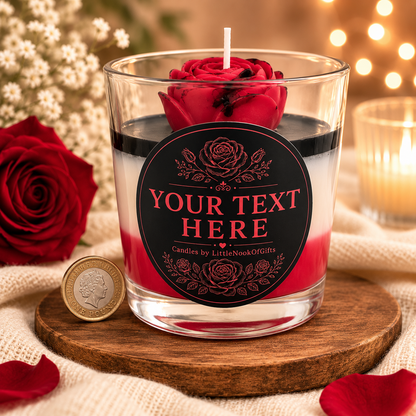 Personalised Rose Candle, Handmade Scented Gift, Black & Red Floral, Custom Message