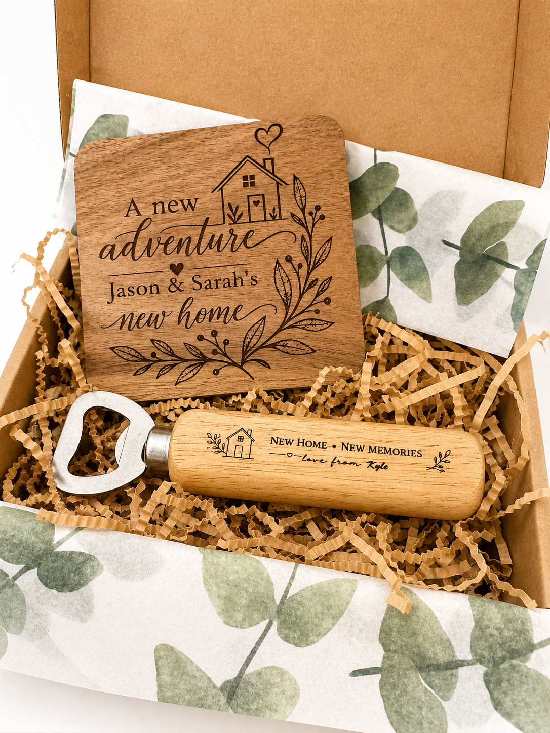 Personalised New Home Gift Box – Engraved Coaster & Bottle Opener