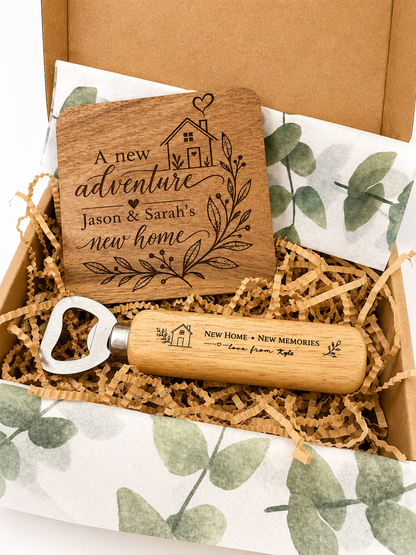 Personalised New Home Gift Box – Engraved Coaster & Bottle Opener