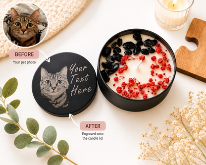 Personalised Pet Photo Hand Poured Candle, Custom Laser Engraved Lid, Pet Memorial Gift
