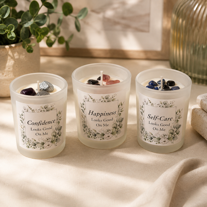 Handmade Crystal Scented Candle – Self-Care, Healing, Happiness & Confidence Gift