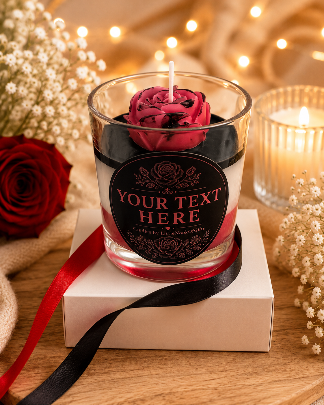 Personalised Rose Candle, Handmade Scented Gift, Black & Red Floral, Custom Message