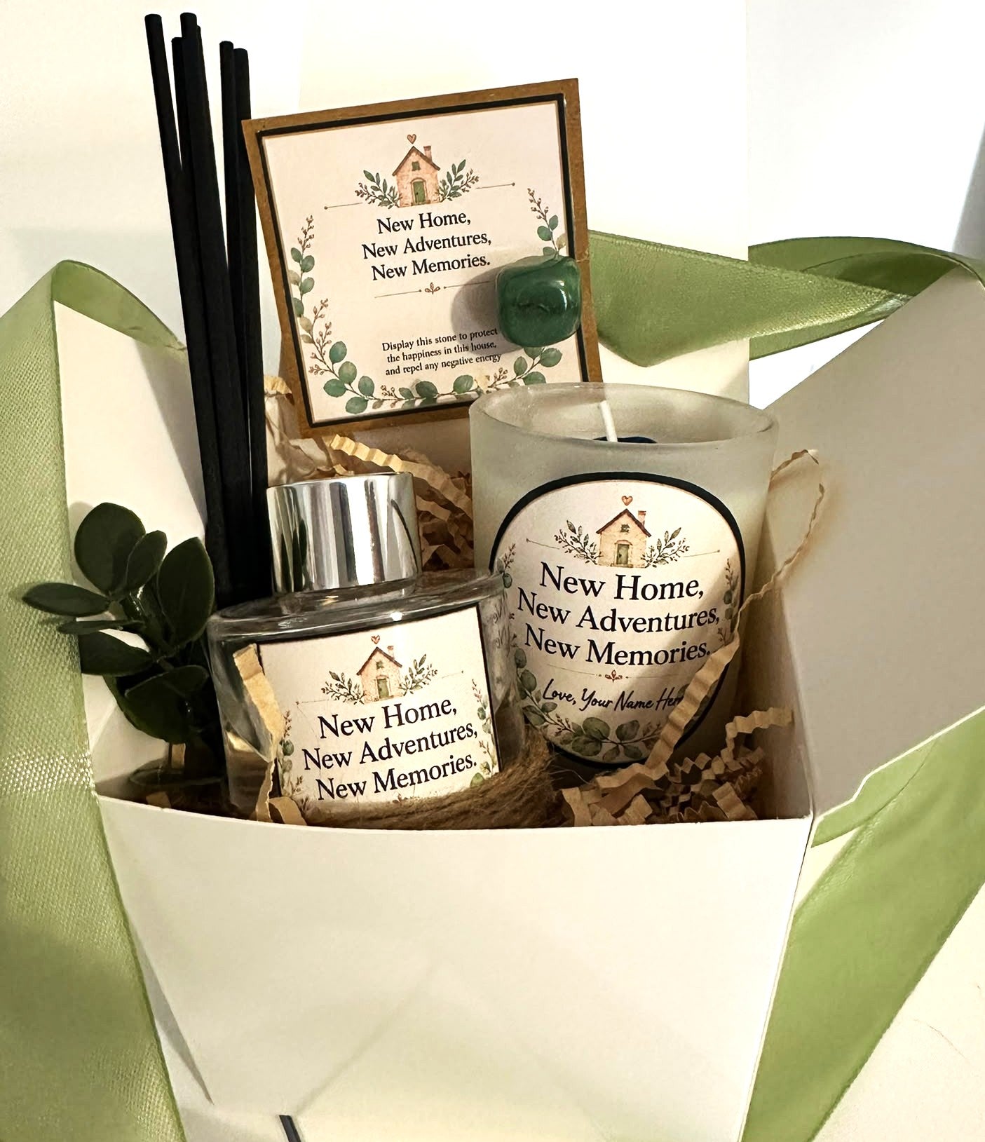 Personalised New Home Gift Set – Handmade Scented Candle, Reed Diffuser & Protection Crystal