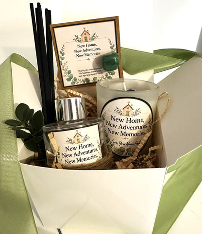 Personalised New Home Gift Set – Handmade Scented Candle, Reed Diffuser & Protection Crystal