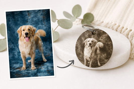 Personalised Pet Photo Keyring – Custom Engraved Message