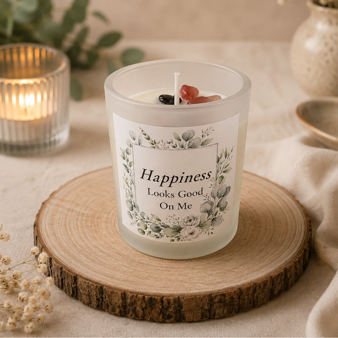 Handmade Crystal Scented Candle – Self-Care, Healing, Happiness & Confidence Gift