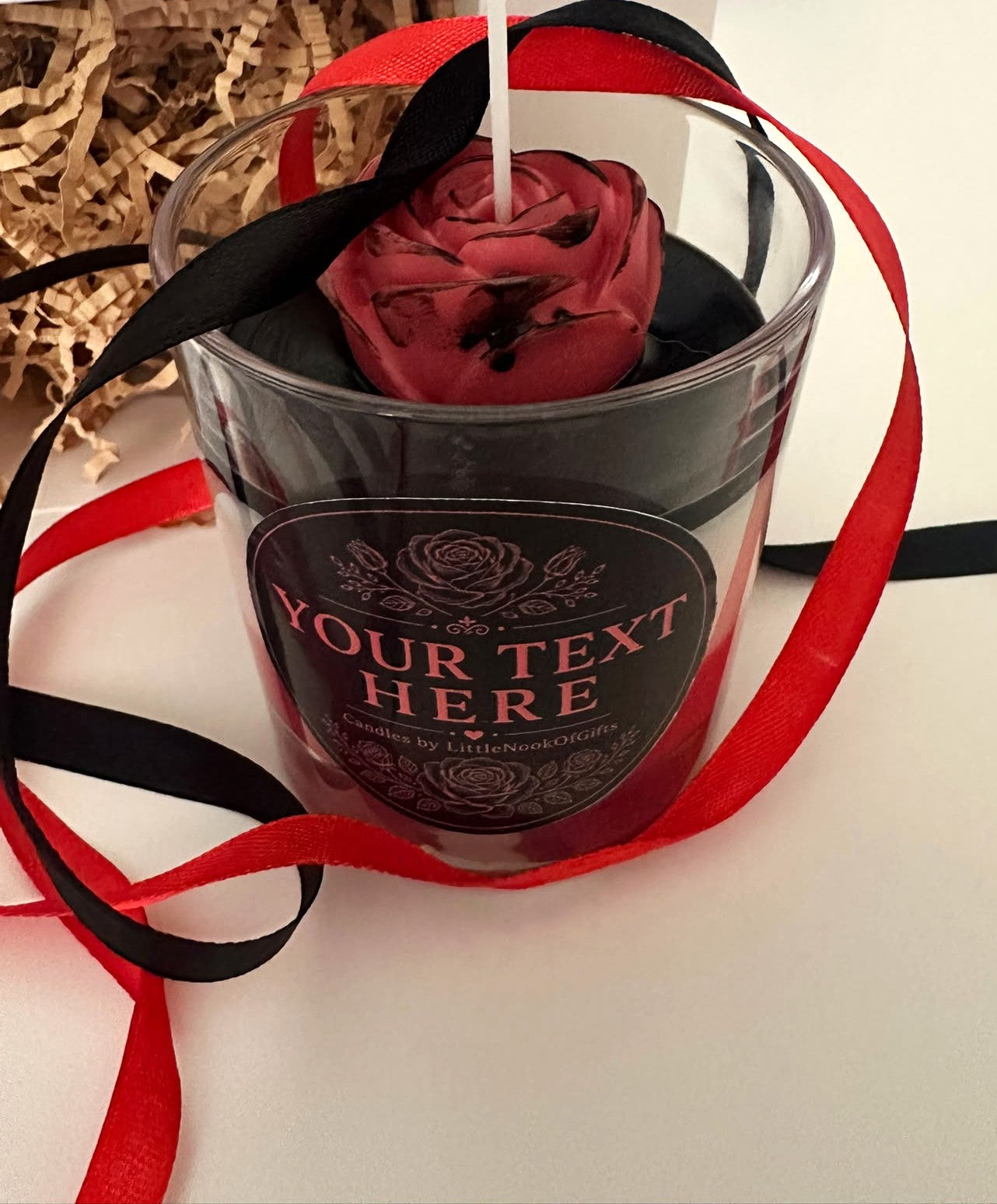 Personalised Rose Candle, Handmade Scented Gift, Black & Red Floral, Custom Message