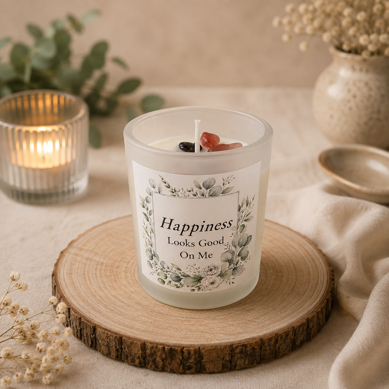Handmade Crystal Scented Candle – Self-Care, Healing, Happiness & Confidence Gift Set