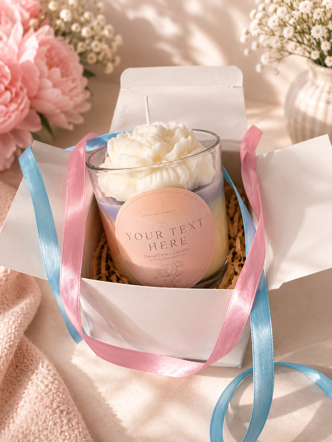 Personalised Pastel Peony Scented Candle – Custom Text Floral ,Handmade