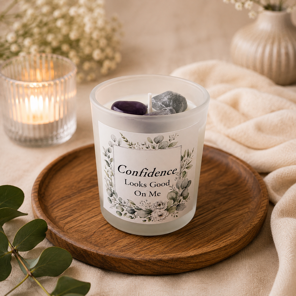 Handmade Crystal Scented Candle – Self-Care, Healing, Happiness & Confidence Gift Set