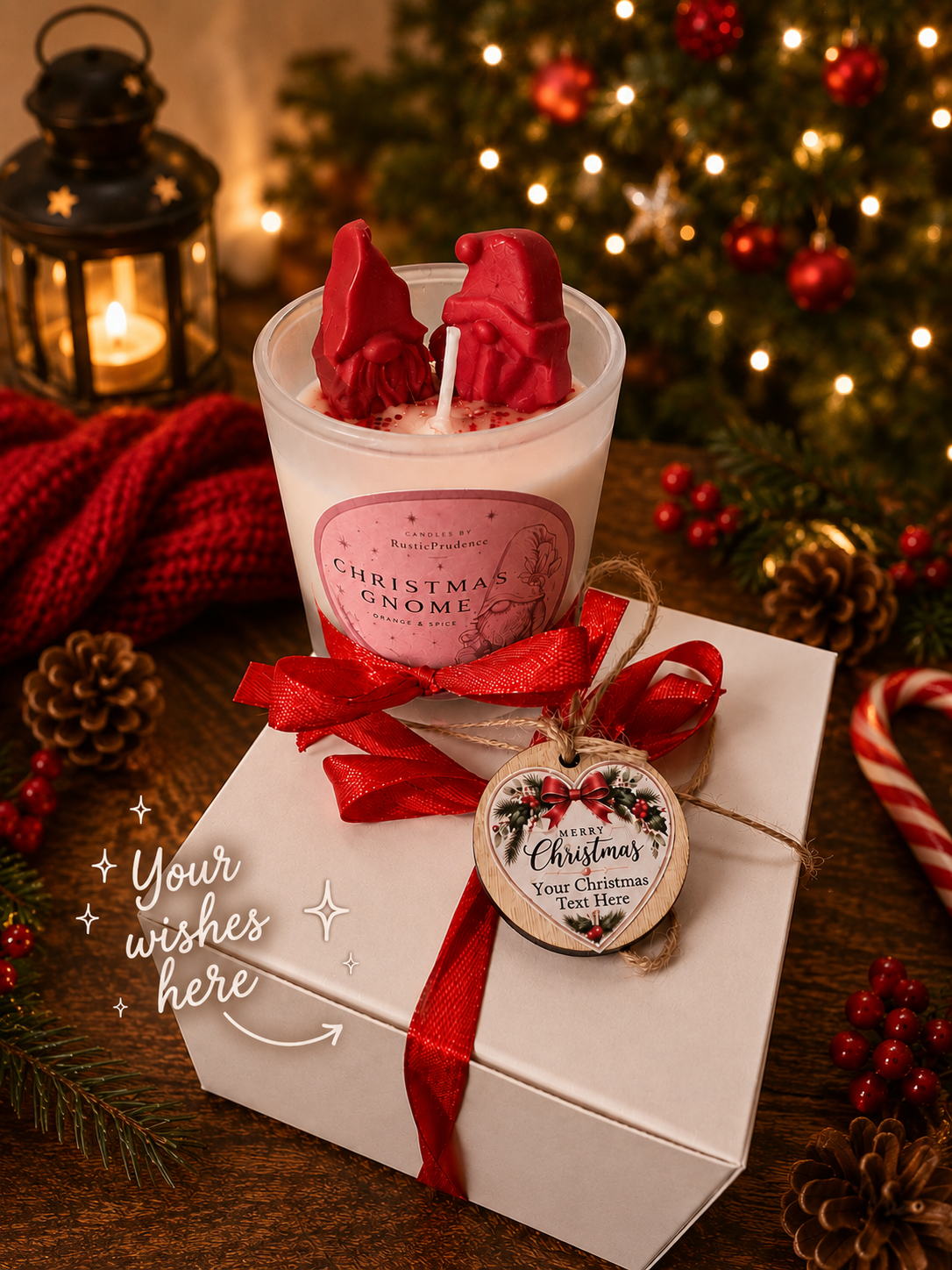 Personalised Christmas gnome candle gift box with custom message