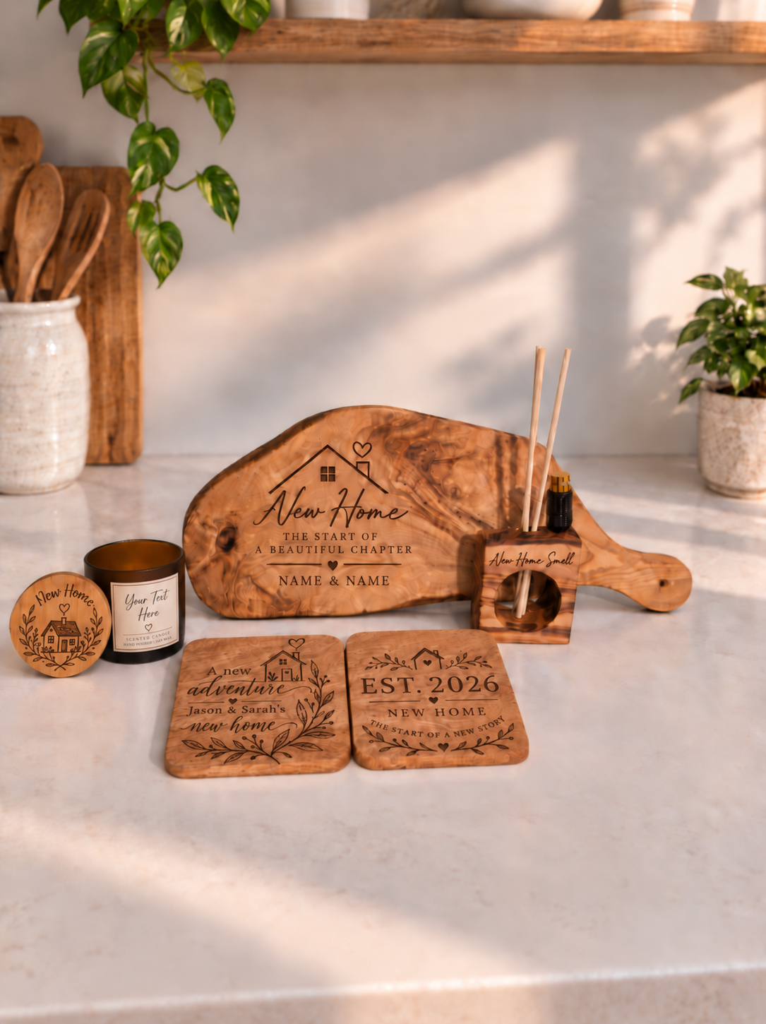 Luxury personalised new home gift box with olive wood chopping board, candle, diffuser, engraved coasters and matches