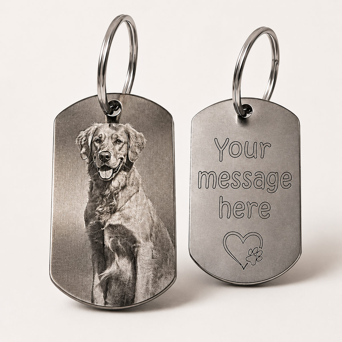 Personalised pet photo keyring featuring a laser engraved dog photo and custom message space on the reverse side.
