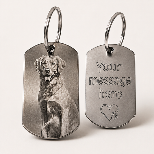 Personalised pet photo keyring featuring a laser engraved dog photo and custom message space on the reverse side.