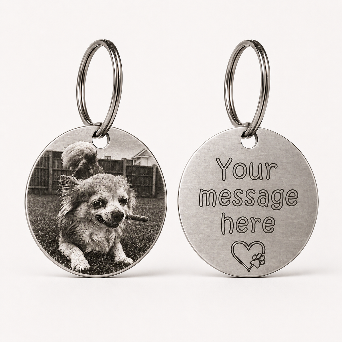 Personalised photo & custom text engraved pet keyring - Circle featuring a dog photo and custom message side.