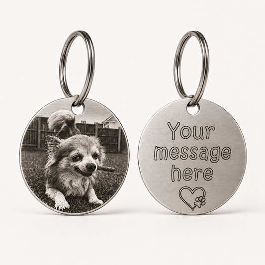 Personalised photo & custom text engraved pet keyring - Circle featuring a dog photo and custom message side.