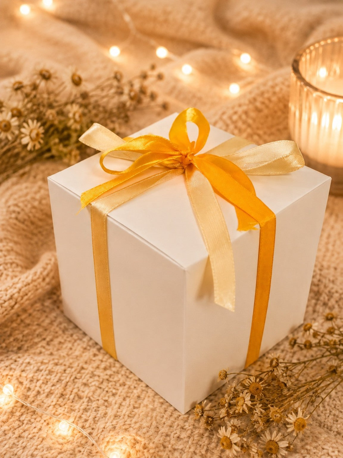 Camomile candle gift box finished with ribbon ready for gifting
