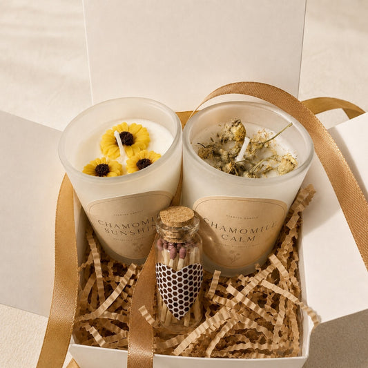 Camomile candle gift box with Chamomile Sunshine and Chamomile Calm candles plus bottle of matches