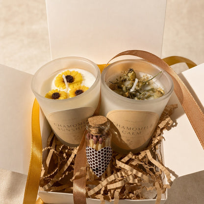 Chamomile Sunshine scented candles with handmade yellow floral wax decorations