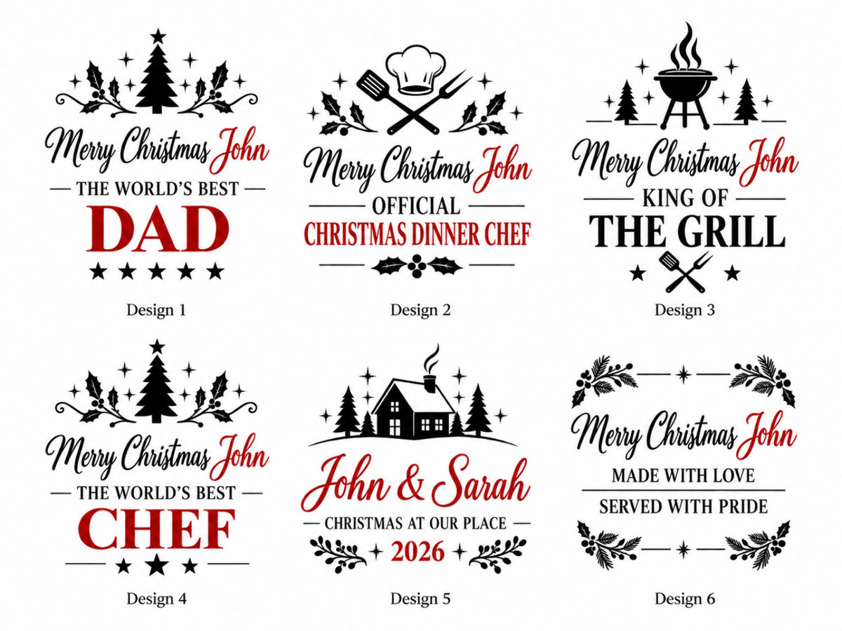 Christmas chopping board engraving designs 1 to 6 with personalised text shown in red