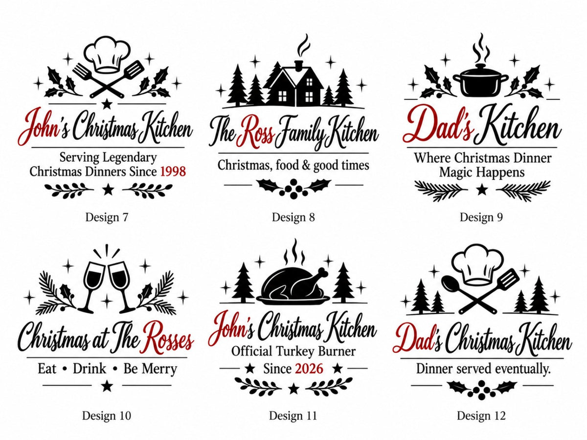 Christmas chopping board engraving designs 7 to 12 with personalised text shown in red