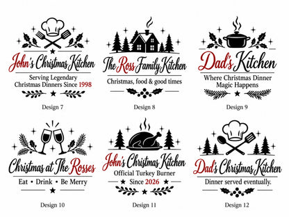 Christmas chopping board engraving designs 7 to 12 with personalised text shown in red