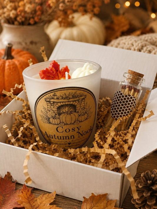 Cosy Fireplace handmade autumn candle gift box with white pumpkin and leaf wax decorations