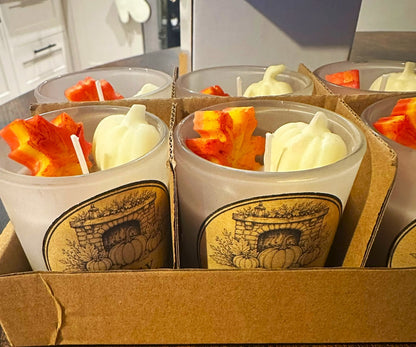 Handmade Cosy Fireplace autumn candles with white pumpkin and orange leaf wax decorations