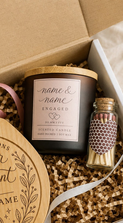 Personalised engagement candle and matches presented inside gift box