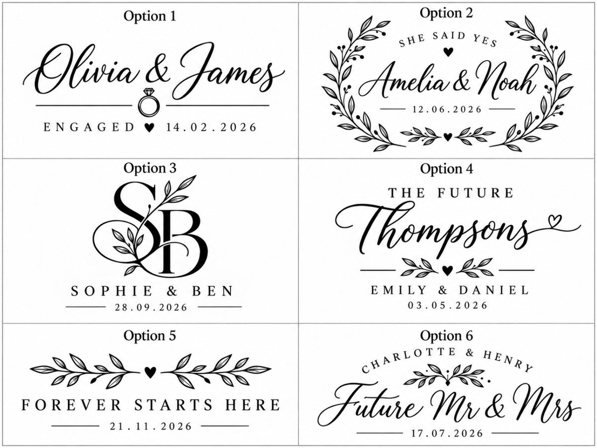 Six personalised engagement engraving designs for an olive wood board