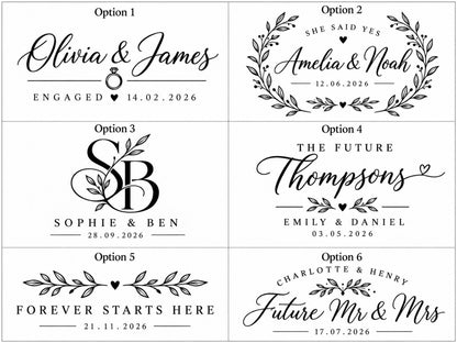 Six personalised engagement engraving designs for an olive wood board