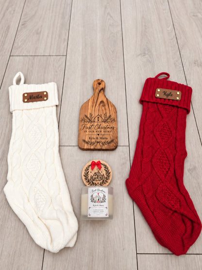 First Christmas in a new home gift set with personalised stockings, engraved olive wood board and Christmas candle