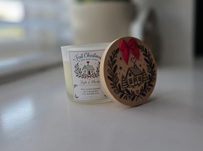 Personalised First Christmas in Our New Home candle with engraved wooden lid and red bow