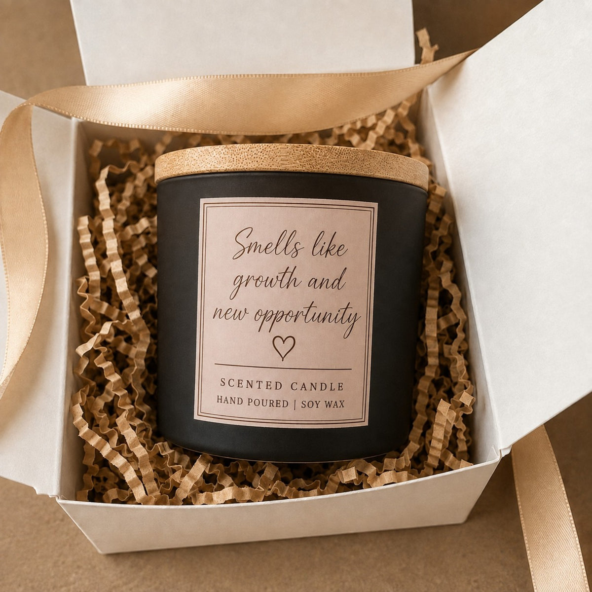 New job scented candle gift with Smells like growth and new opportunity label