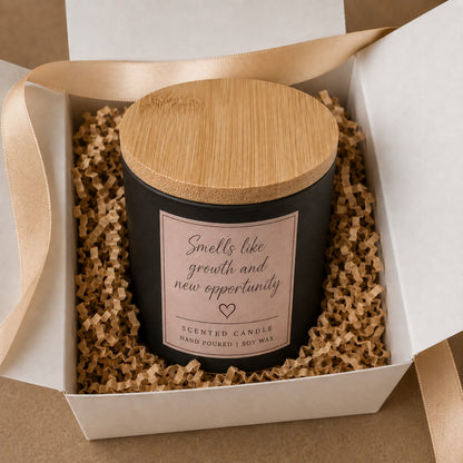 New job scented candle with bamboo lid and growth and new opportunity label