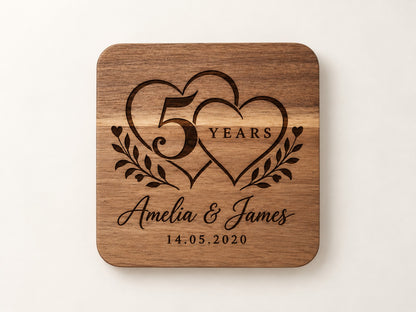 Personalised wooden 5 year anniversary coaster with names and date