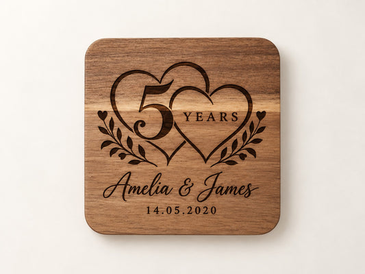 Personalised wooden 5 year anniversary coaster with names and date