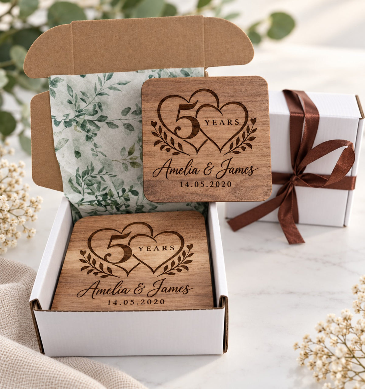 Personalised 5th anniversary wooden coaster gift set in presentation box