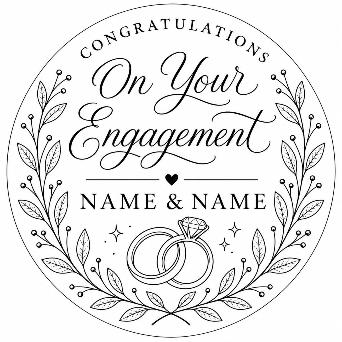 Round personalised engagement chopping board design with couple names and rings