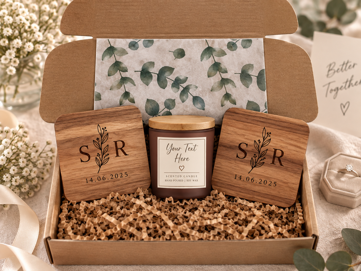 Personalised engagement gift set with engraved acacia wood coasters and candle