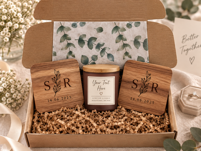 Personalised engagement gift set with engraved acacia wood coasters and candle
