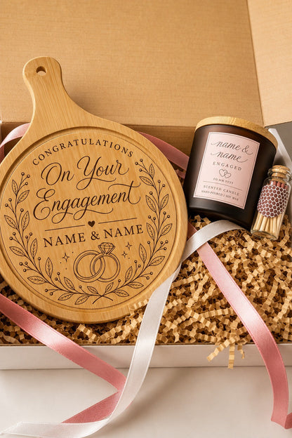 Personalised engagement gift box with round engraved chopping board, candle and matches