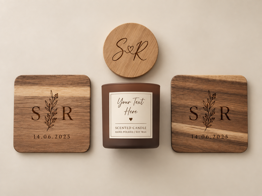 Engraved acacia wood engagement coasters and personalised 4oz candle