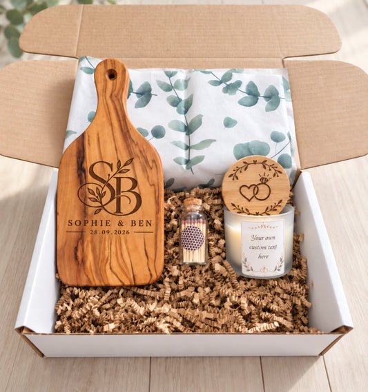 Personalised engagement gift box with engraved olive wood board, white candle, wooden lid and matches